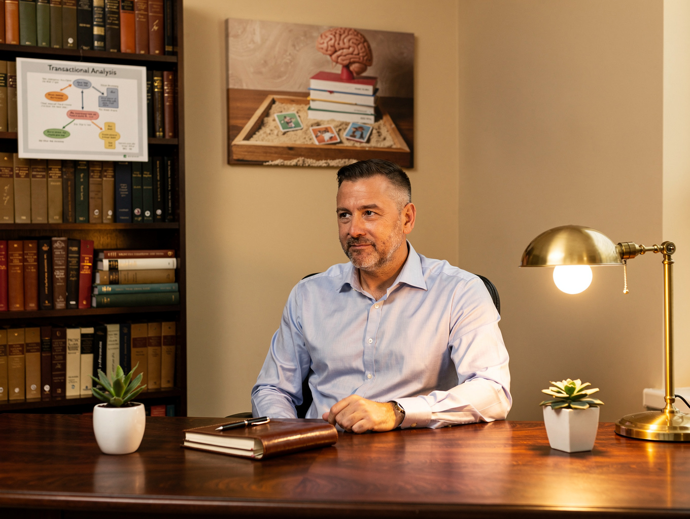 Alex Rivera in a calm, professional therapy office setting